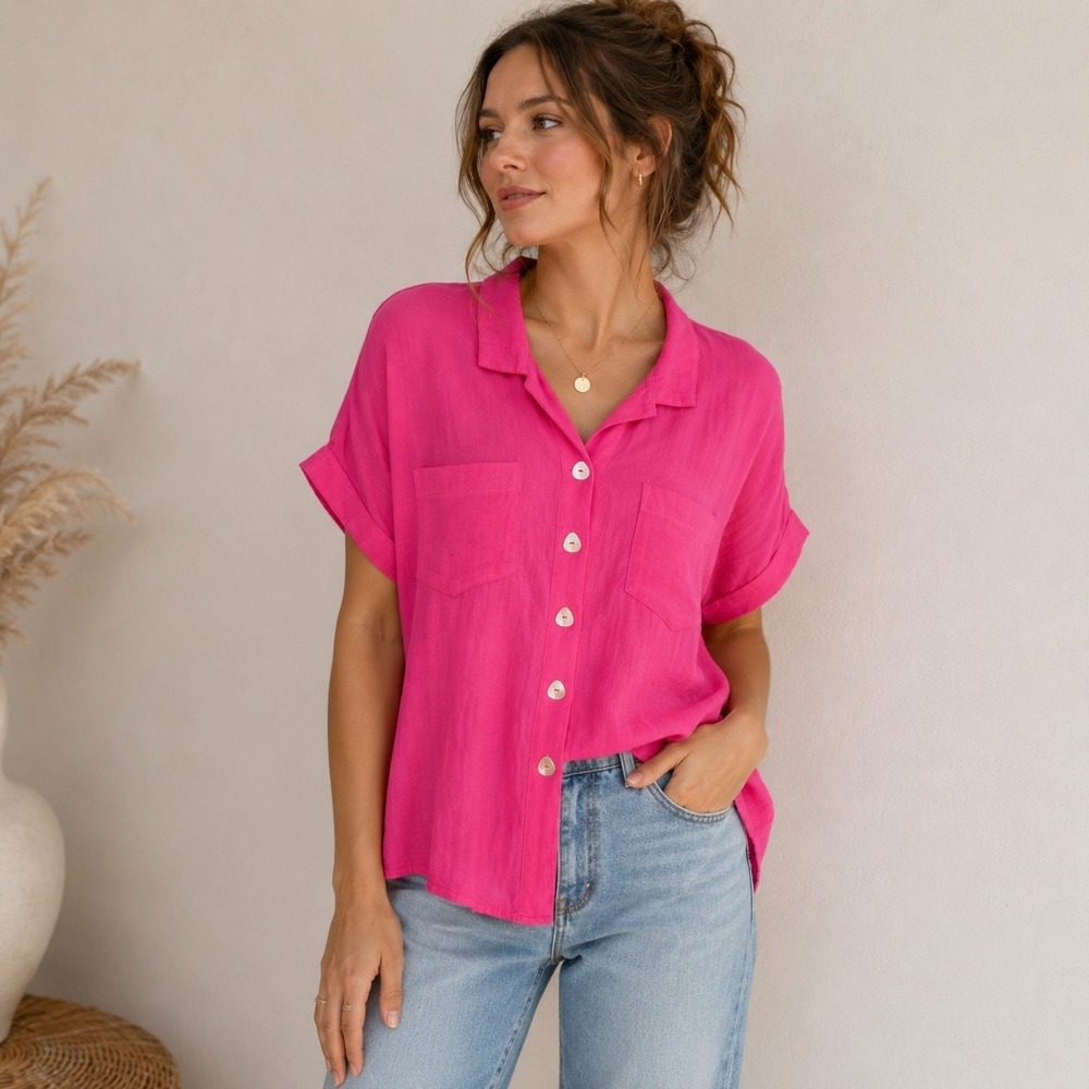 John Mark Button Up Shirt Women Petite PL Hot Pink Loose Boxy Fit Boho Beach